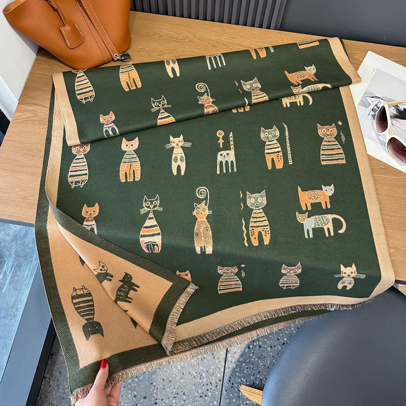 Winter Cashmere Scarf Women Luxury Cat Print Female Shawl Wrap Scarves Lady Thick Warm Blanket Gift Echarpe Pashmina