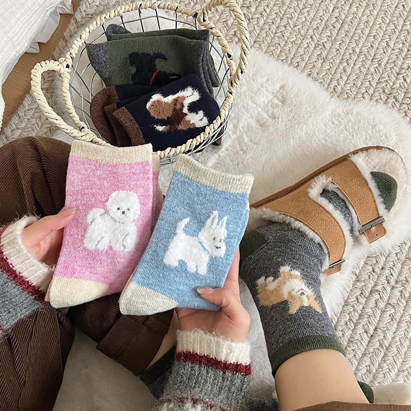 Women's Cartoon Animal Fur Socks Women Autumn and Winter Warm Thickened Pile Socks Color Matching Middle Tube Socks