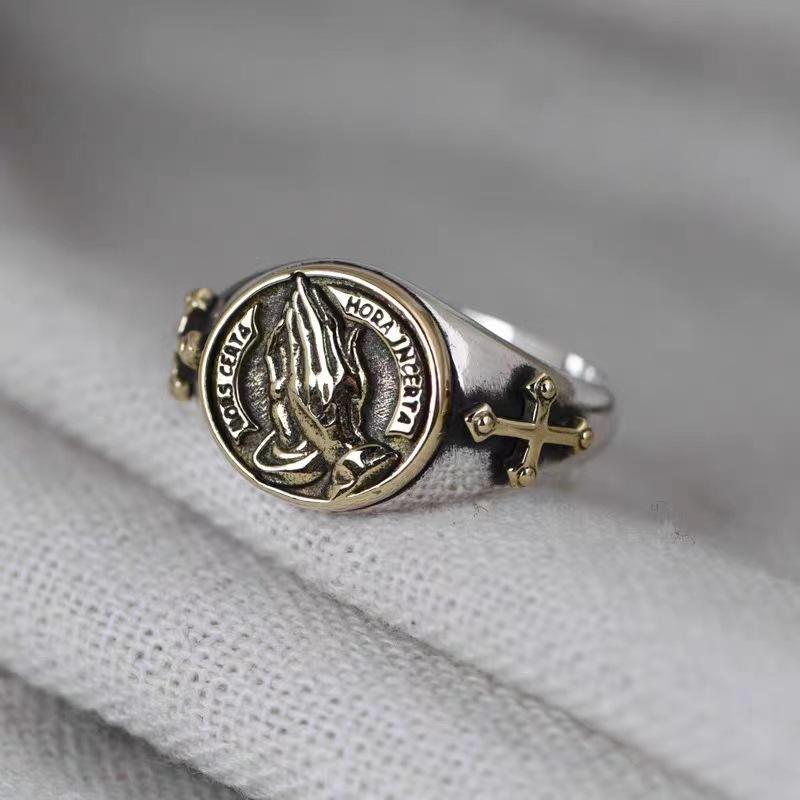 New Men's Ring Retro Praying Hands Open Prayer Creative Ring Fashion