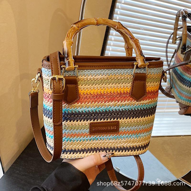 Summer hand bag small bucket bag women's 2025 new simple high-end shoulder bag niche messenger straw bag