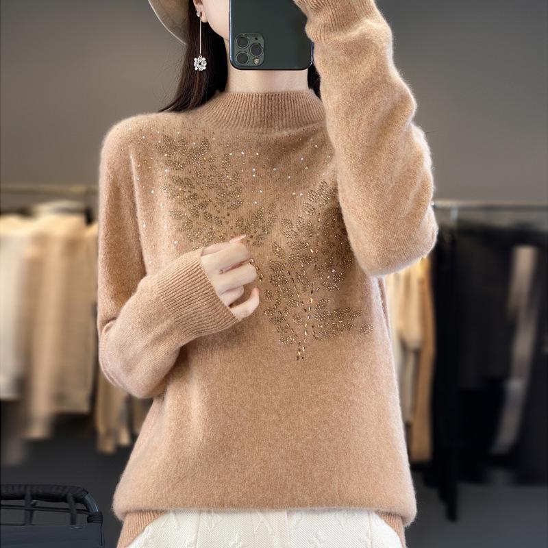 Rhinestone Wool Sweater for Women, Autumn/Winter Collection: Half-High Neck, Knitted, Long & Loose Fit.