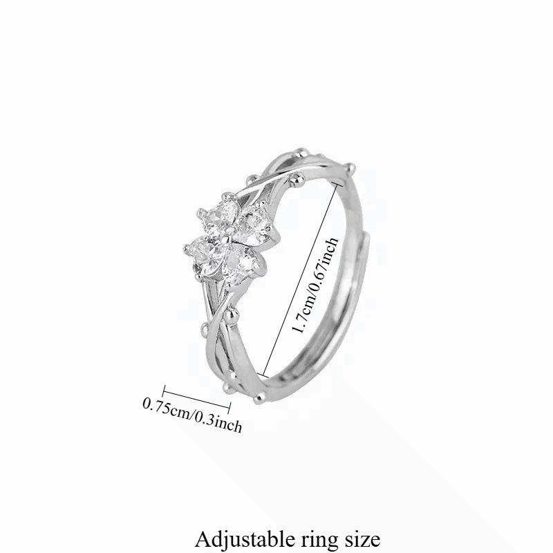Lucky Four-Leaf Clover Ring for Women, Simple Design ins Stylish and versatile open ring with zirconia and thorn flowers, suitable for women's daily