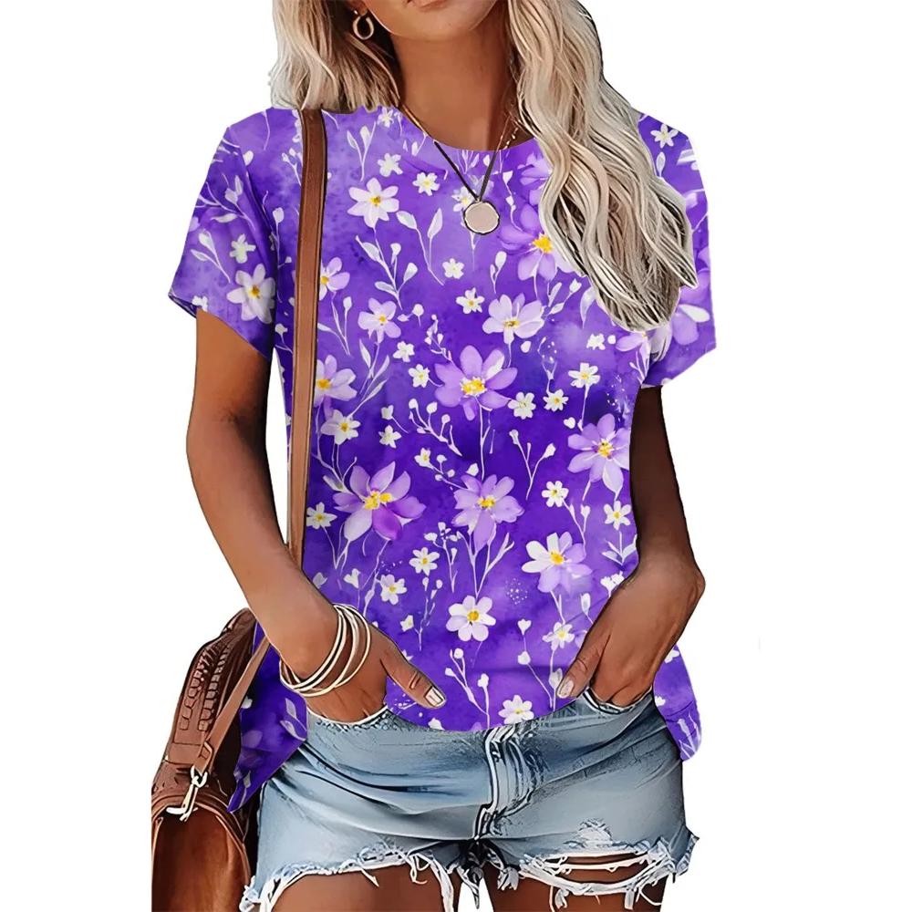 Casual Versatile Flower Print Short Sleeve Daily Women's Top Fashion Crew Neck T-Shirts Women’s