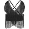 Women‘s Latin Dance Set V Neck Sleeveless Fringe Top Crisscross Back with Irregular Hem Color Block Skirt for Cha Cha Tango Stage Show