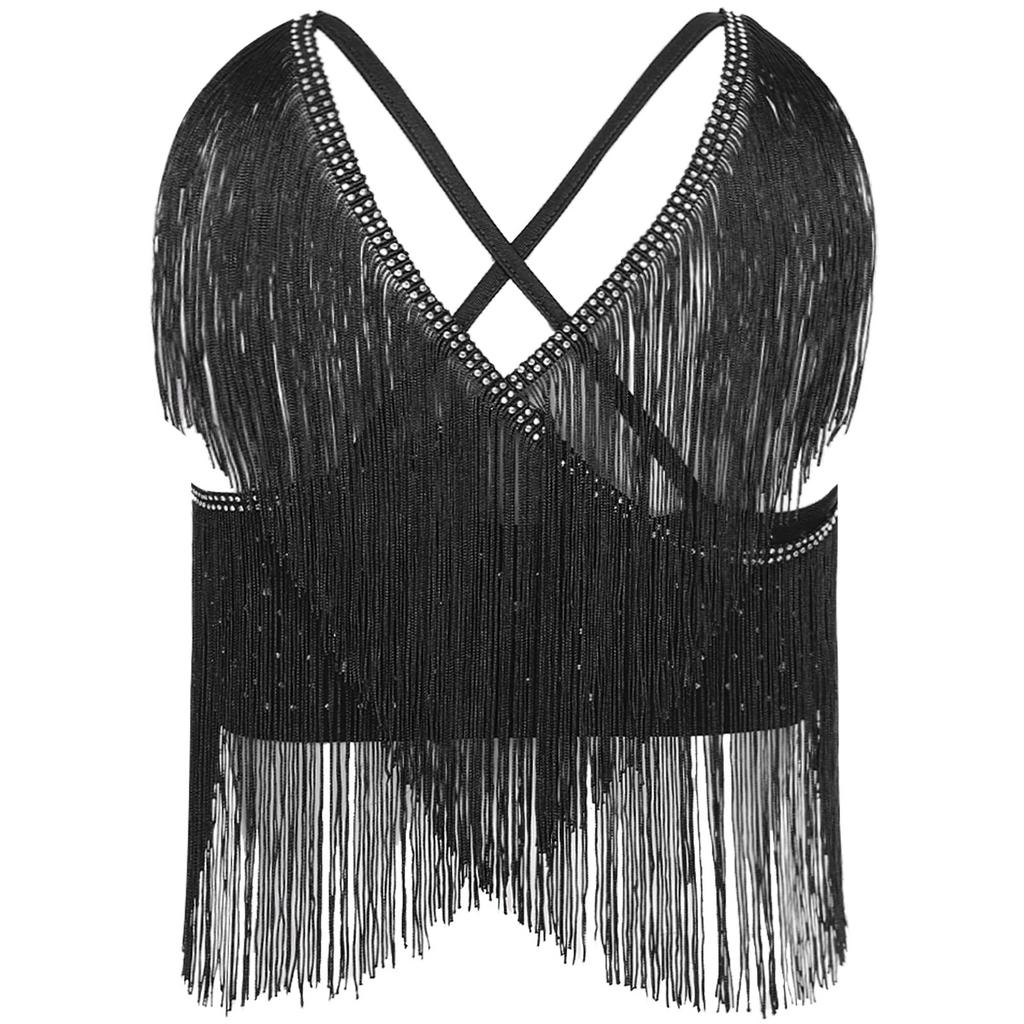 Women‘s Latin Dance Set V Neck Sleeveless Fringe Top Crisscross Back with Irregular Hem Color Block Skirt for Cha Cha Tango Stage Show