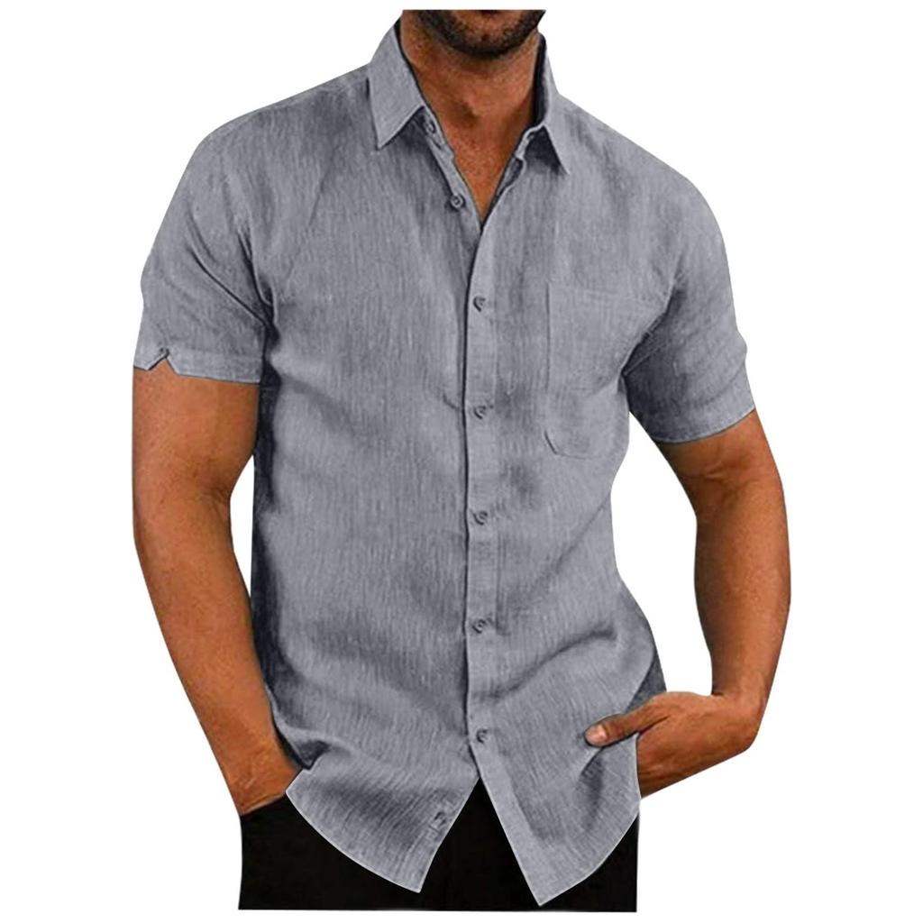 Men's Spring Summer Casual Solid Color Cotton Loose Lapel Short Sleeve Men's Shirt Men's Tops