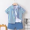 Boys' Two-Piece Summer Set: Korean Style Vertical Stripe Shirt & Casual Shorts