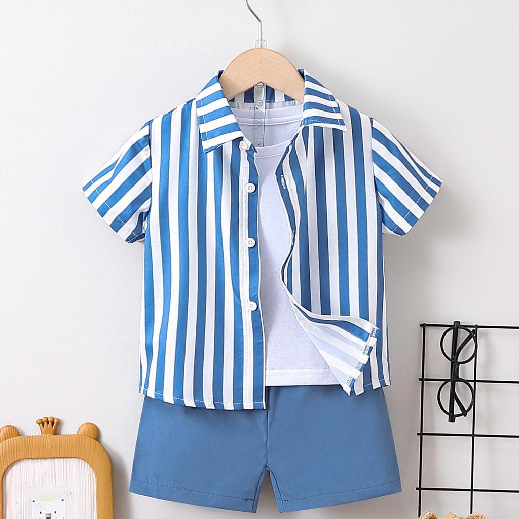 Boys' Two-Piece Summer Set: Korean Style Vertical Stripe Shirt & Casual Shorts