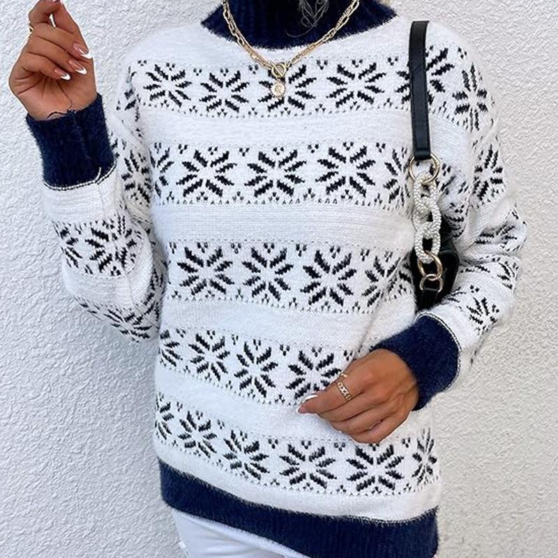 Popular OZON autumn and winter women's clothing Christmas snowflake pattern semi-turtleneck sweater knitted sweater top