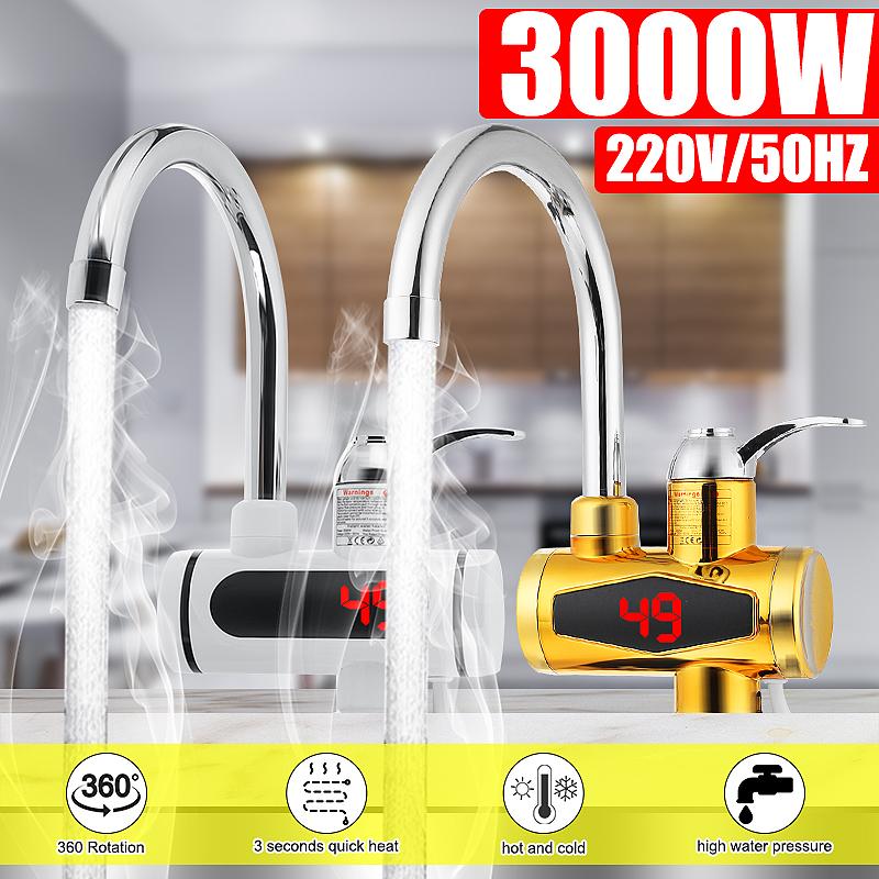 3KW 220V Tankless Electric Water Heater Led Digital Display Bathroom Kitchen Heater Faucet Gold Electric Water Faucet Heater