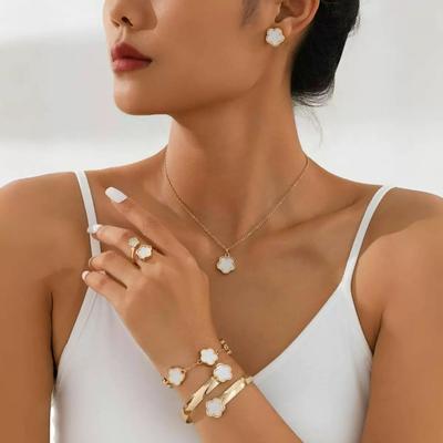 1 Pair Stud Earrings +1 Pc Necklace +1 Pc Bracelet +1 Pc Bangle +1 Pc Ring With Lucky Flower Design Alloy Jewelry Set Trendy Female Gift