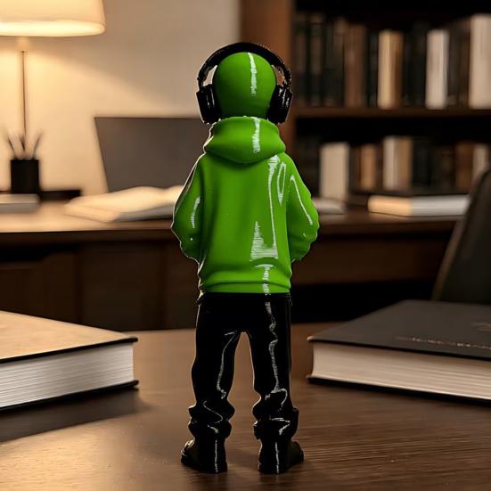 Aesthetic Room Embellishments 3D Printed Alien Figurine with Hoodie And Headphone, Trendy Desktop Custom 3d Collectibles Ornament, Cyber Style Statue