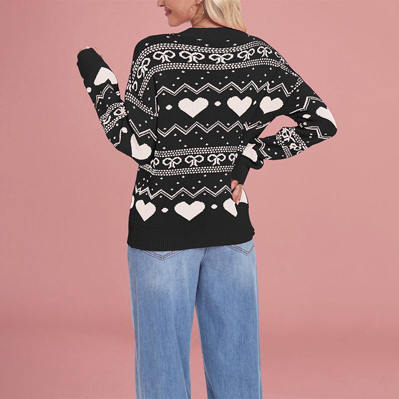 Winter New European and American Women's Love Sweater Pullover, Plus Size Christmas Casual Jacquard Knitwear
