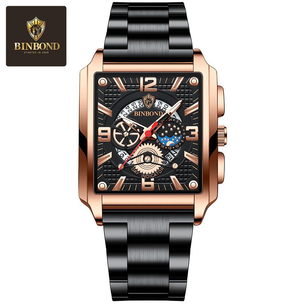 Binbond Men's Retro Multifunctional Waterproof Luminous Square Calendar Watch