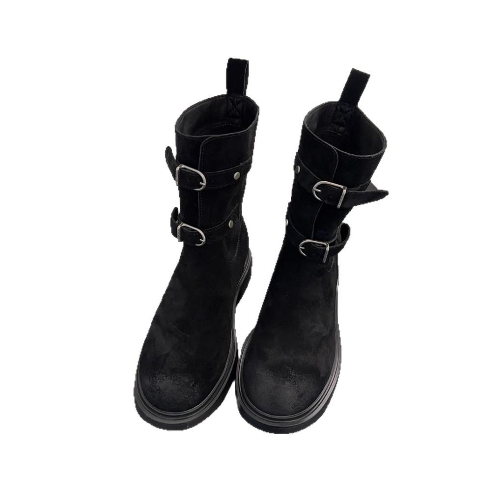 Sheepskin Version~ Retro Belt Buckle Wasteland Western Cowboy Boots Round Head Polished Short Boots Women's Thick-soled Knight Boots