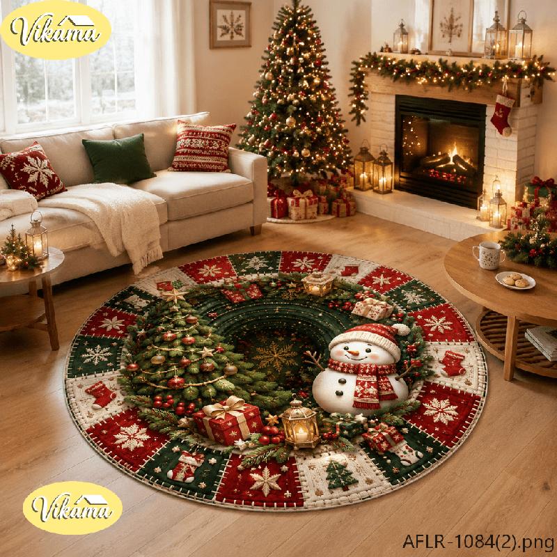 Christmas Round Rug, Farmhouse-Style Christmas Tree Design, Non-Slip Living Room Carpet, Bedroom Bedside Rug, Home Decor