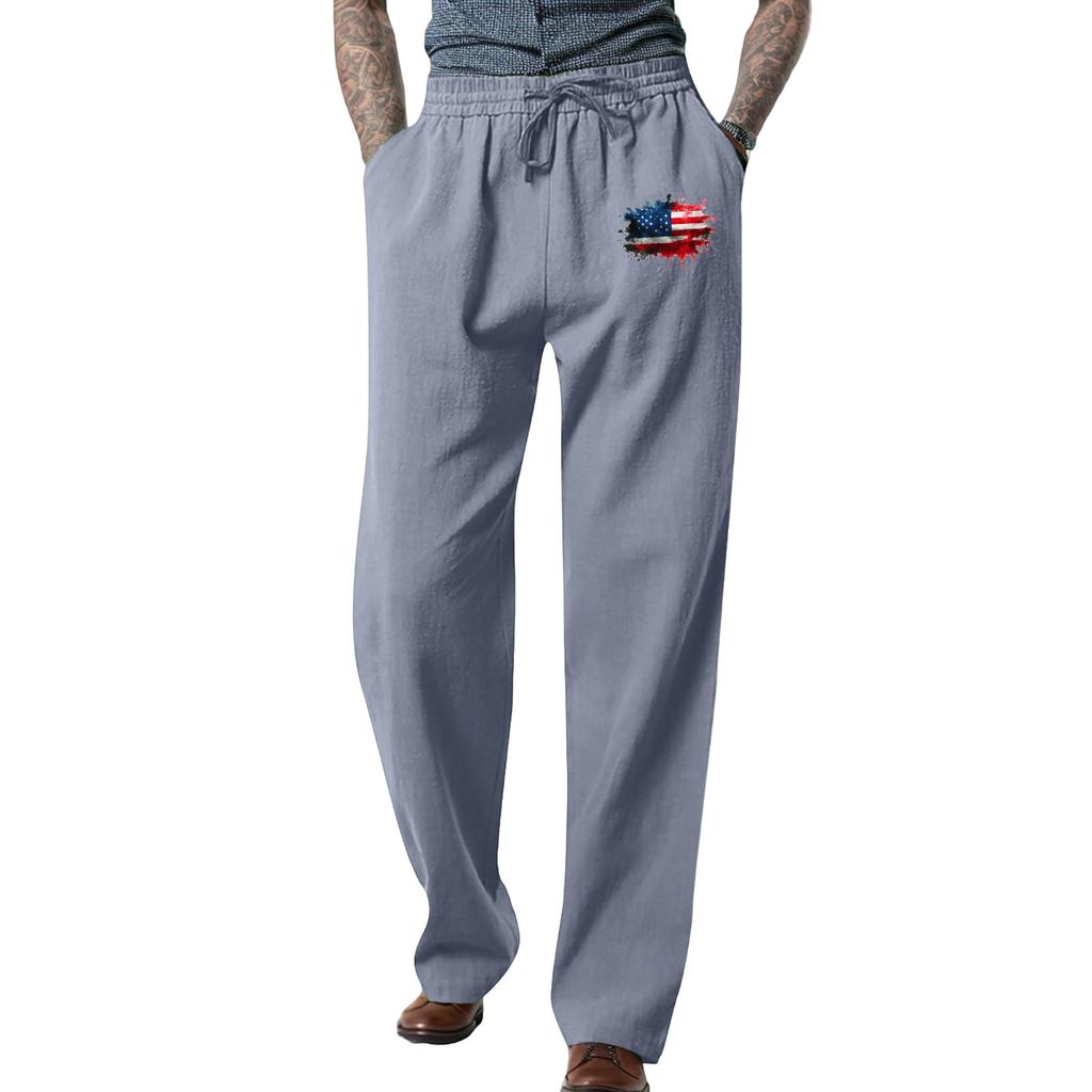 Men's Loose Casual Color Cotton Linen Trousers Elastic Tie Printed Straight Pants