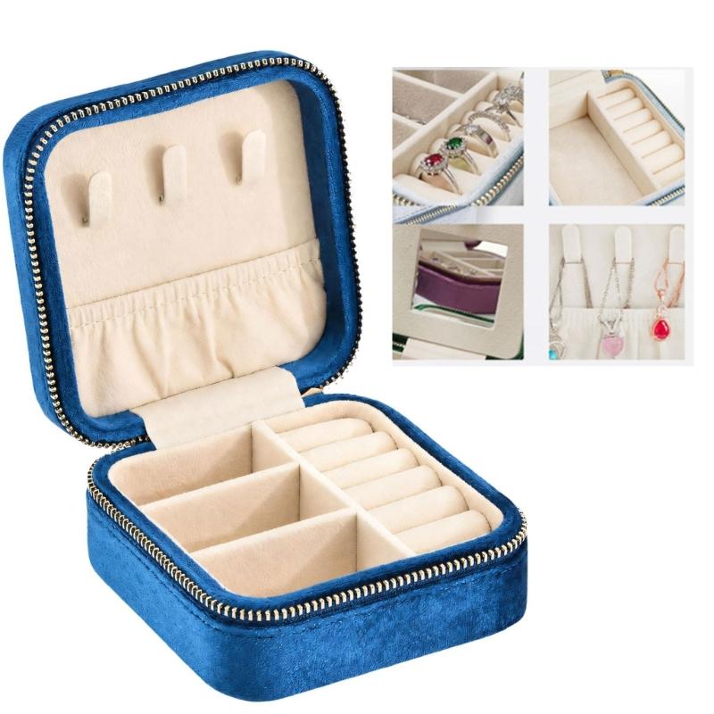 Travel Jewelry Case with Fabric Exterior, Wraparound Zipper, Base Compartments, Ring Rolls, and Elasticized Lid Pocket
