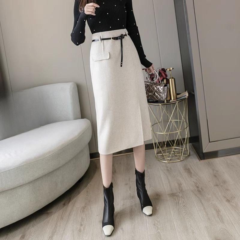 Autumn Wool Skirt High Waist Pencil Midi Skirts Women Elegant Office Outfit
