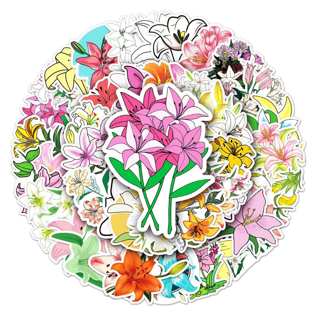 50 Lily Flower Cartoon Stickers: Waterproof DIY for Skateboards, Luggage & More