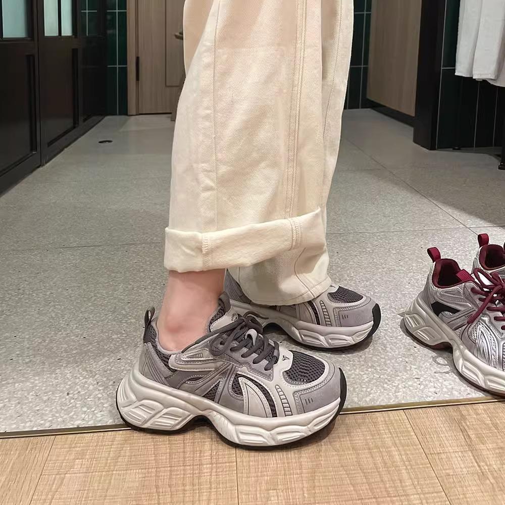 Cowhide Version~ Genuine Leather Platform Dad Shoes Women's 2025 New Autumn Height Increase Lightweight Casual Mesh Red Sneakers