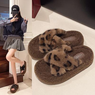 Cross Leopard Print Mao Mao Shoes Women's New Thick-soled Flat-bottomed Cotton Mop Home Fashion Warm Cotton Shoes Wear Mao Mao Mop Outside