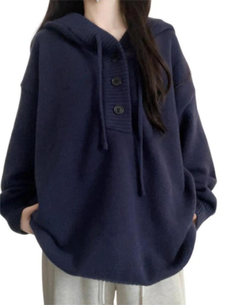 Women's Blue Hooded Sweatshirt Sweater - Autumn/Winter 2025, Lazy Style, Loose Knit Korean Design