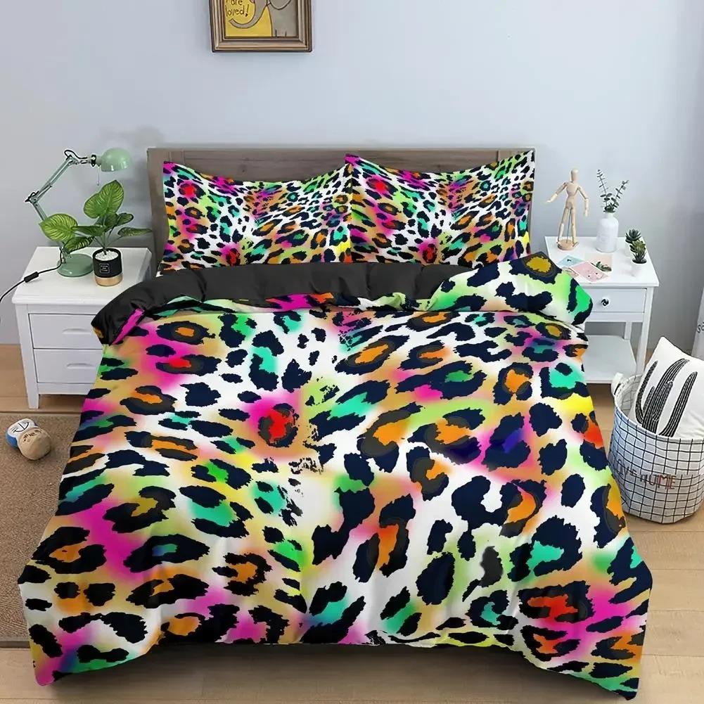 Colorful Leopard Print Bedding Set Gradient Cheetah Pattern Duvet Cover Set Animal Skin Quilt Cover with Pillowcases