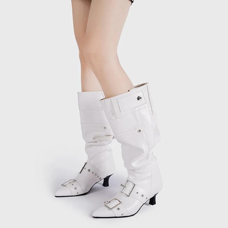 Fashion Pointed Toe Belt Buckle Metal Rivet Women Knee High Boots Autumn Winter Patent Leather High Heels Boots Shoes