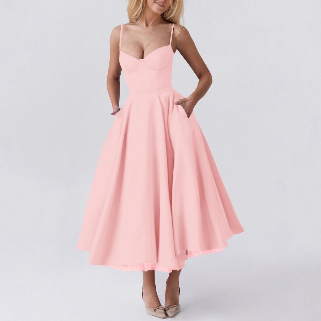 Women's Fashionable Solid Color Princess Dress With Mesh And Double Layered Suspender Dress