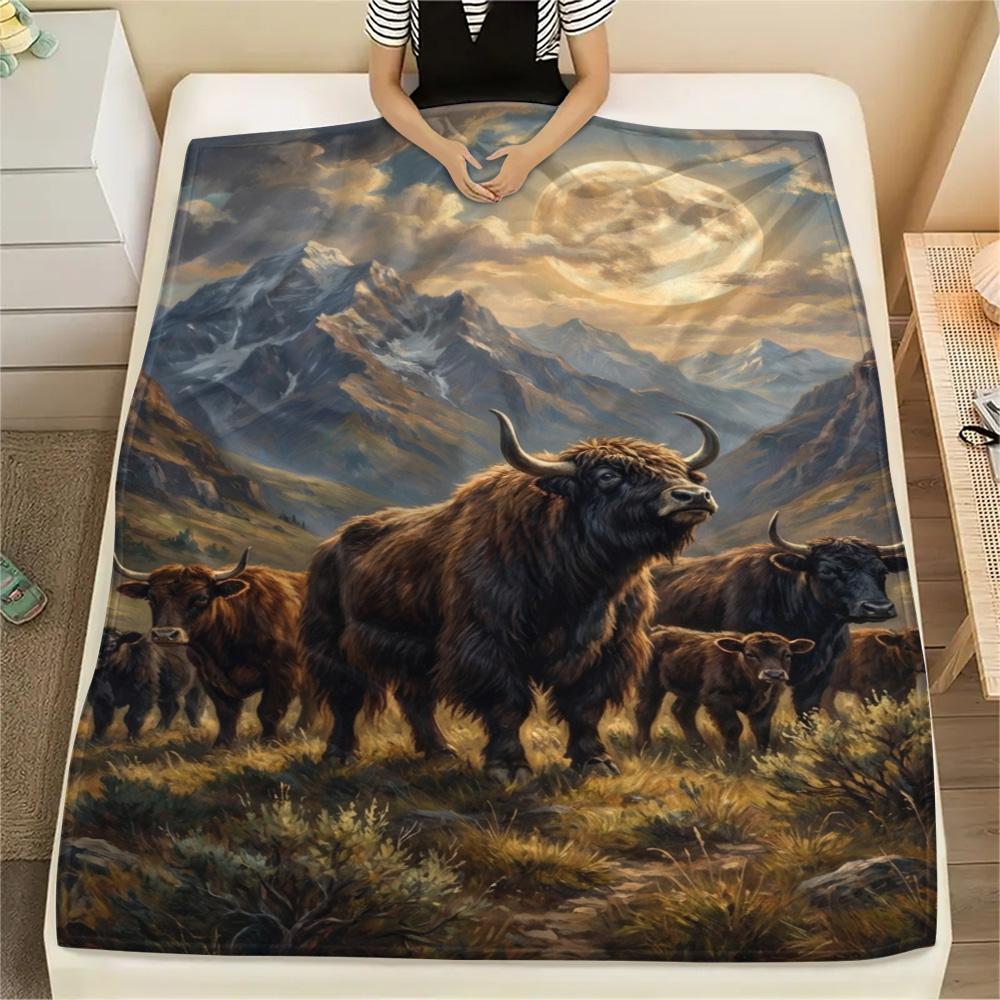 1PC Moonlit Highland Yaks Print FlAannel Blanket, High quality Comfortable for All Seasons, Home Decor, Warmth and Comfort