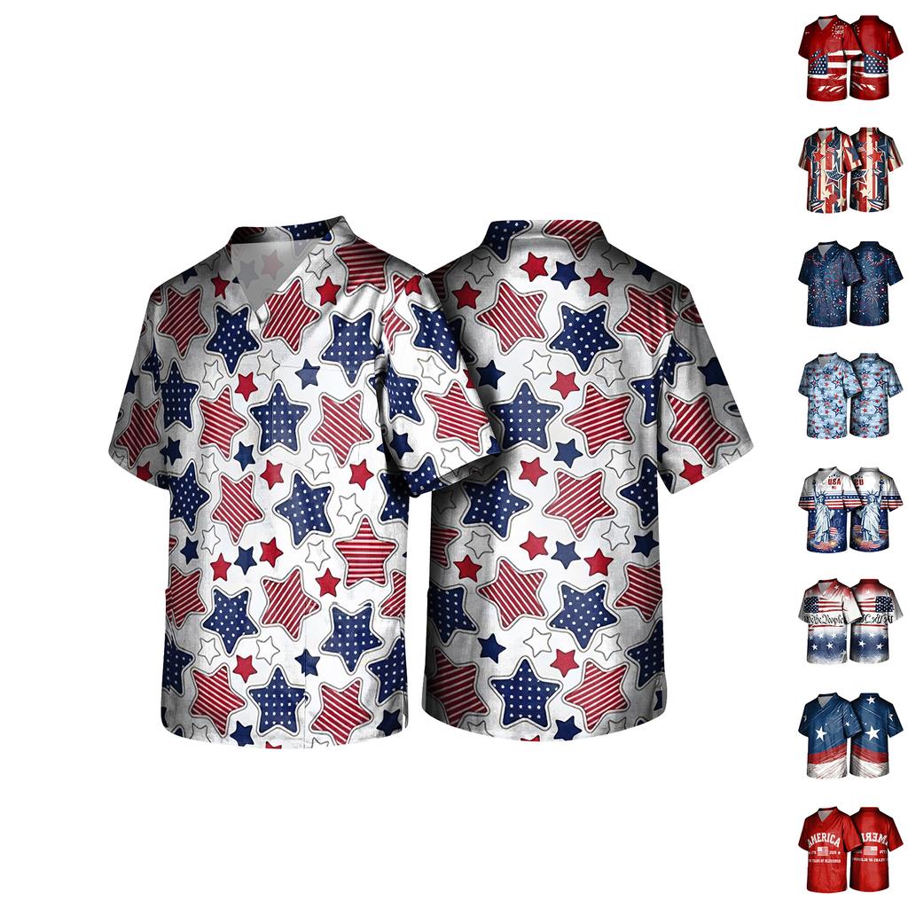 Men's Short Sleeve V Neck Medical Scrub Top with Pocket Independence Day Star Print Workwear Shirt for Healthcare Professionals