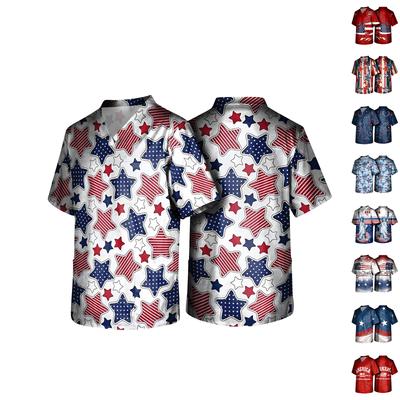 Men's Short Sleeve V Neck Medical Scrub Top with Pocket Independence Day Star Print Workwear Shirt for Healthcare Professionals
