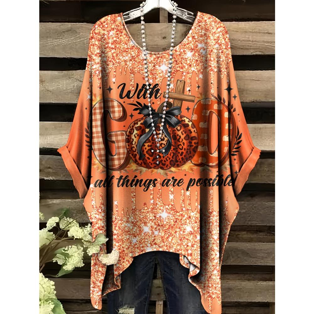 Summer elegant vacation style large size simple casual creative Halloween pumpkin pattern print dovetail round neck T-shirt