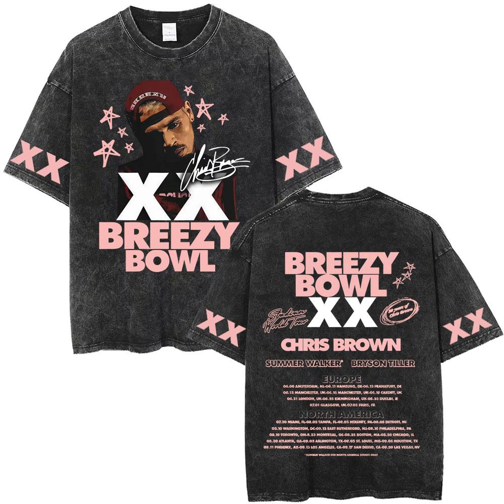 Rapper Chris Brown Breezy Bowl XX Tour  Vintage Washed Tshirts Men Women Hip Hop Fashion T Shirts Male Cotton Retro Tshirt