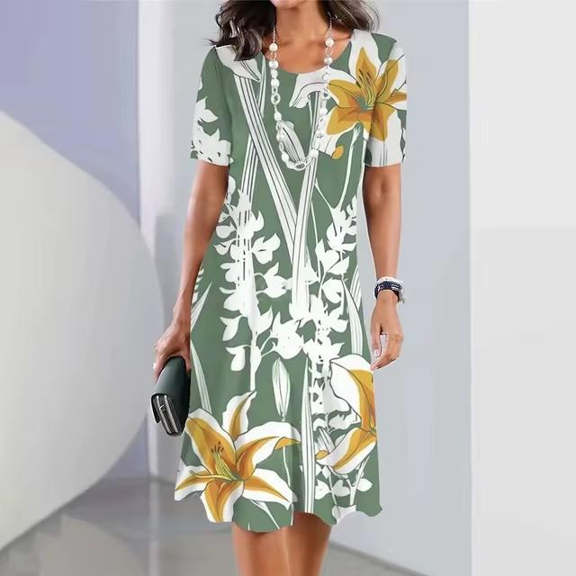 Elegantes Damen-Mode-Midikleid mit kurzen Ärmeln und 3D-Druck, Übergröße, Strandbekleidung