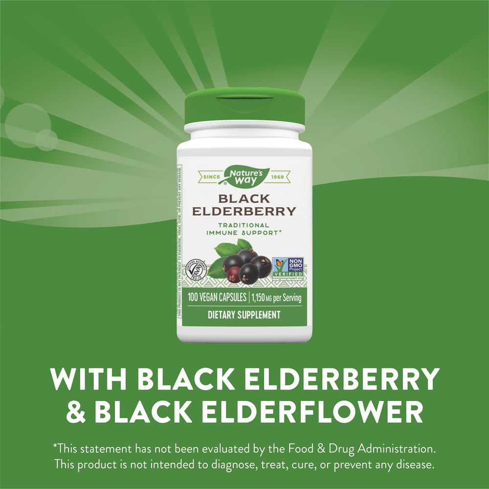 Nature's Way Black Elderberry 1150mg Veggie Capsules, 100 Counts
