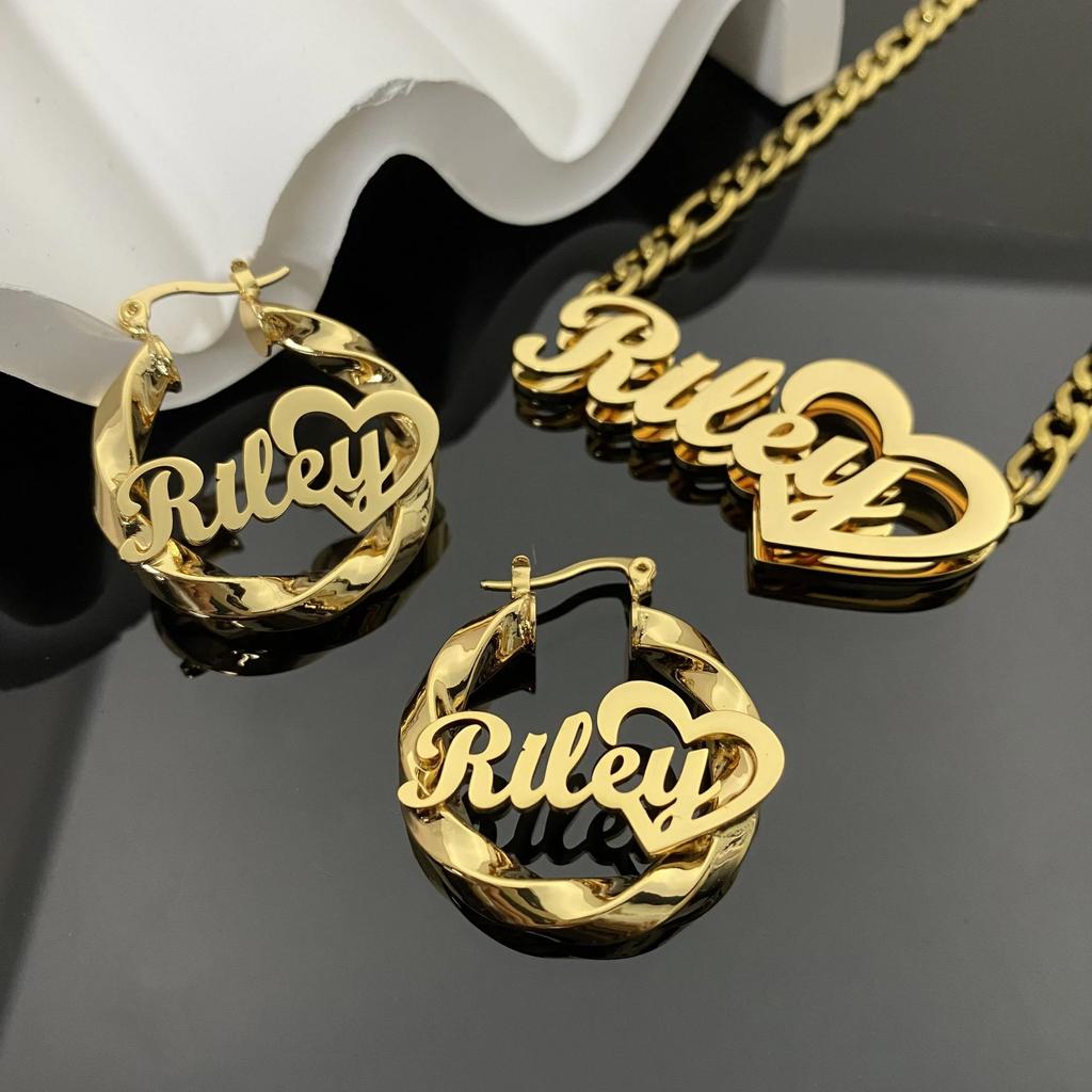 Custom Double Layer Name Necklace Hoop Earrings Set Personalized Nameplate 316L Stainless Steel 18K Gold PVD Waterproof Jewelry