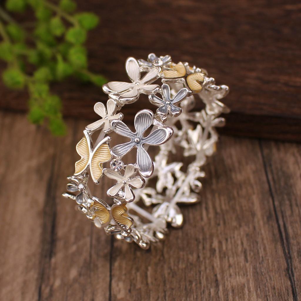 Color Painted Oil Flower Butterfly Elastic Bracelet Fashion Versatile Ladies Butterfly Flower Alloy Bracelet
