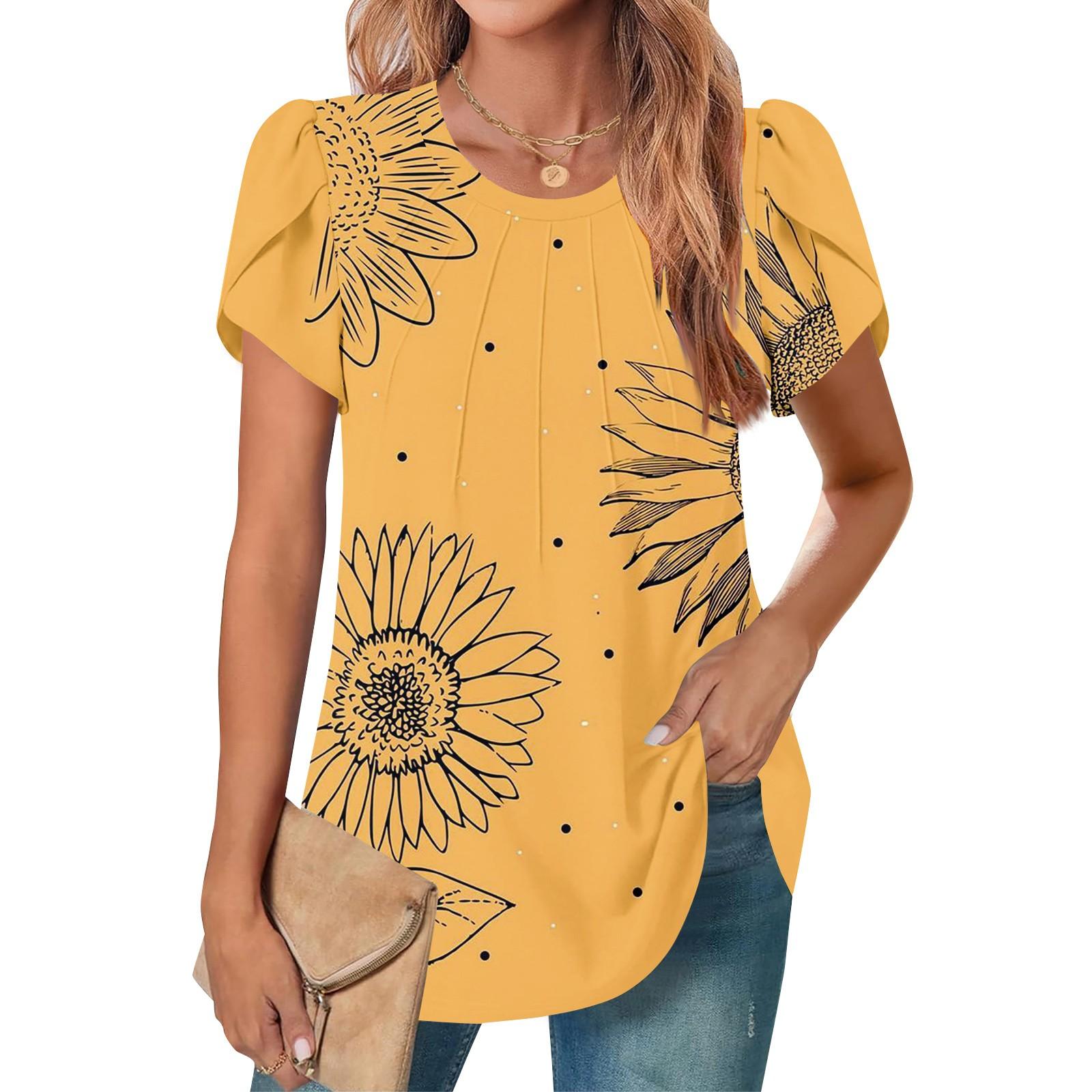 

Женский повседневный топ с круглым вырезом и коротким рукавом, с плиссировкой и расклешенными рукавами, с цветочным принтом XL жёлтый