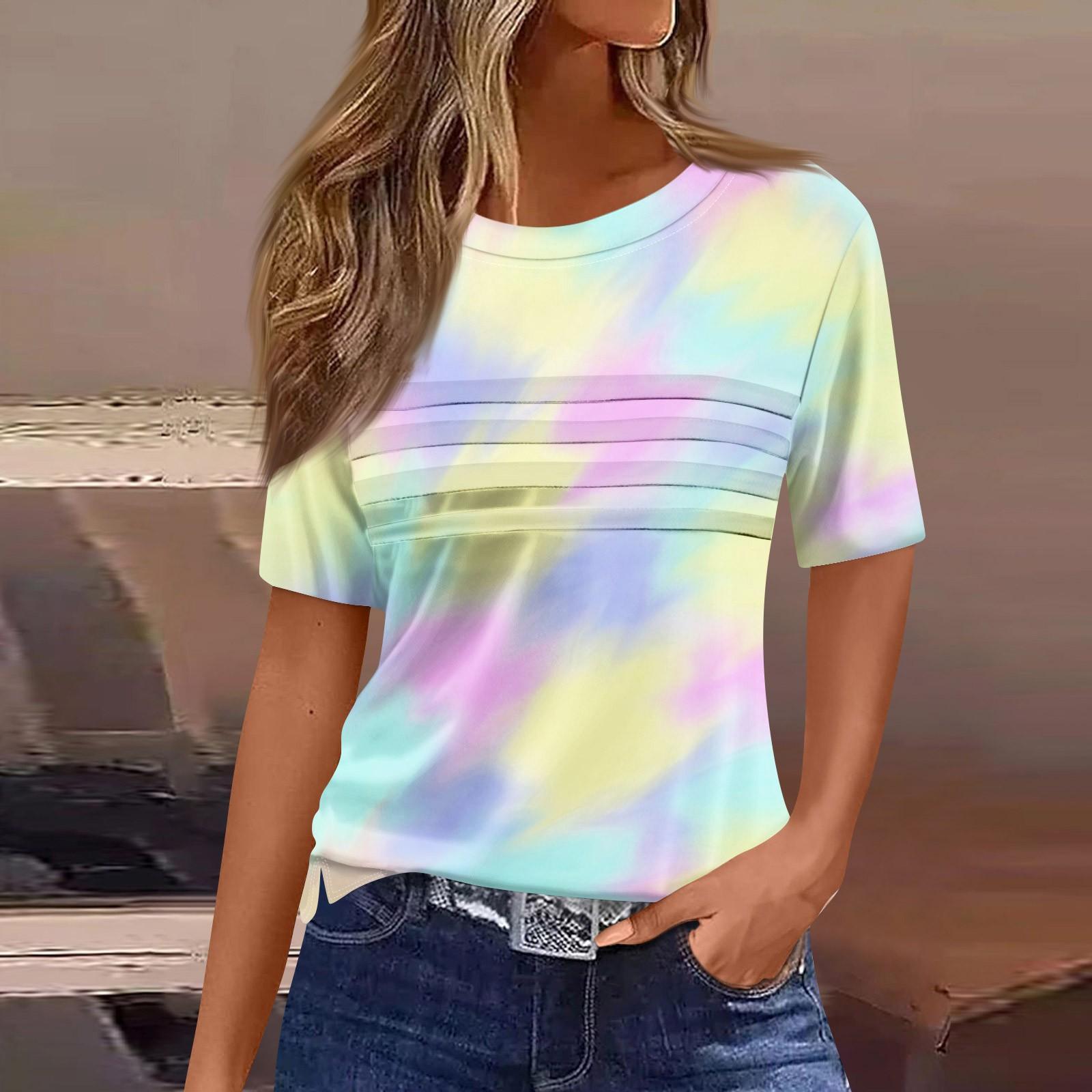 

Женская плиссированная футболка с круглым вырезом и градиентным принтом, короткий рукав, топ с разрезом по низу XL небесно-голубой