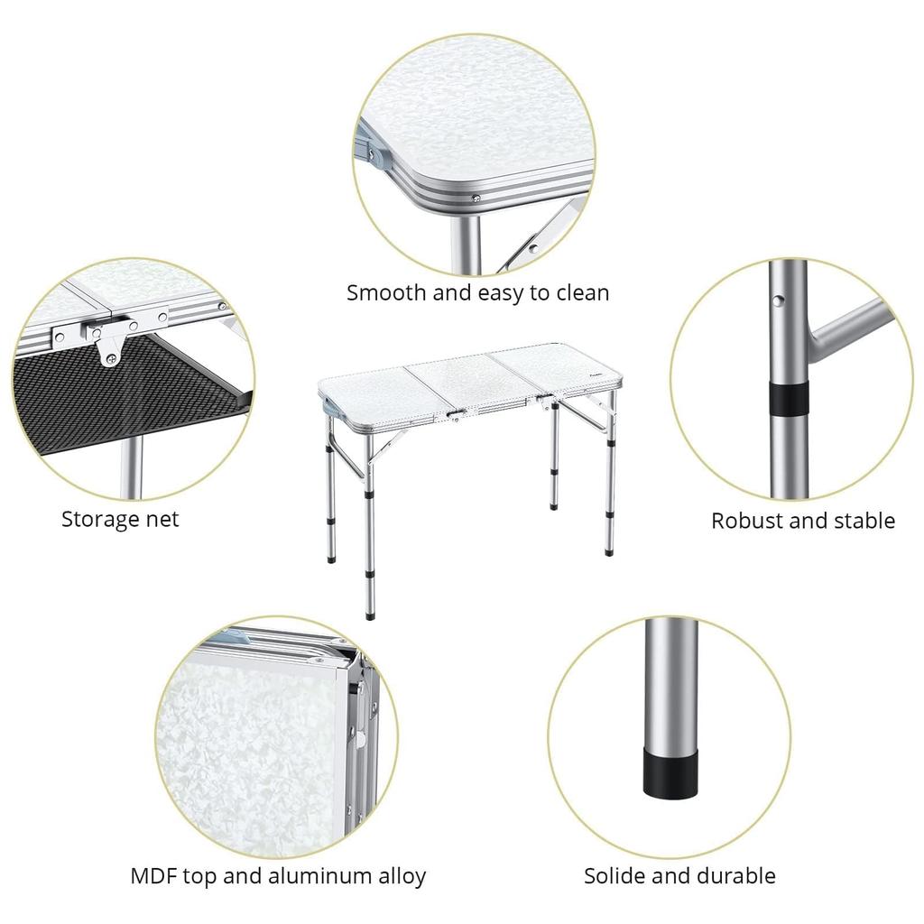 Anbte Camping Folding 90cmx40cm 3 Adjustable Height Aluminum Folding Table Camping Table Portable Picnic Table Table with Storage Mesh and Bag for