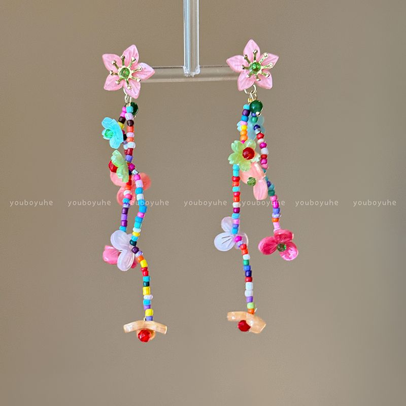 

Super Fairy Color Flower Tassel Stud Earrings for Women Holiday Seaside Vacation Style Earrings 2025 New Arrival Summer Cool Earrings Color Beaded Flower Earrings-Silver Pins