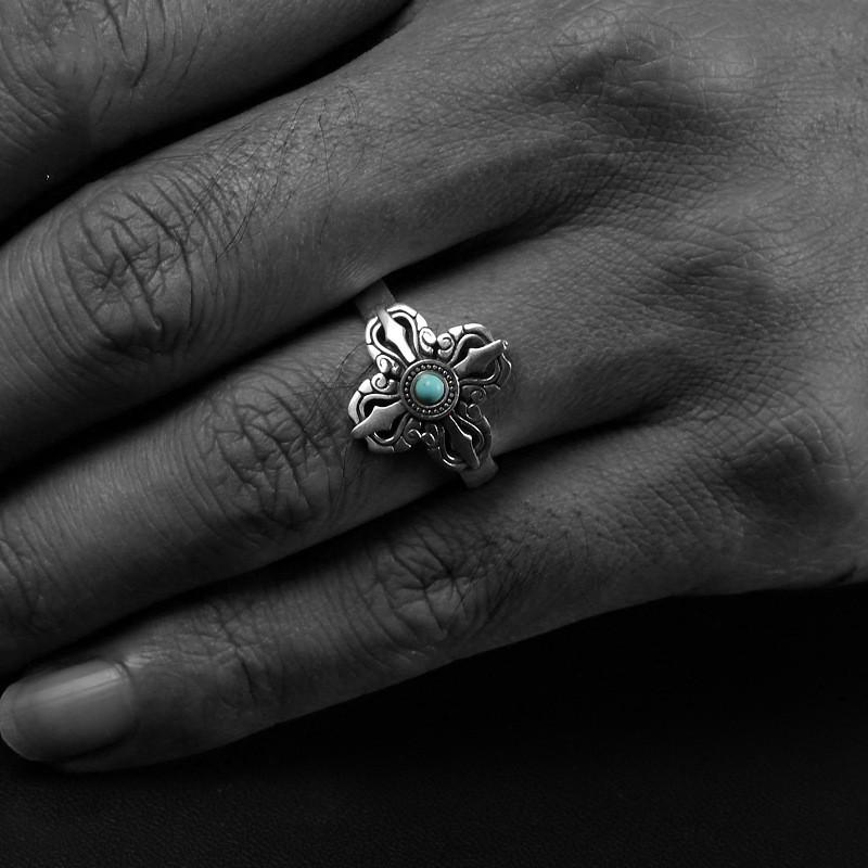 Vintage Cross Vajra Ring With Natural Turquoise Inlay Sterling Adjustable Unisex Jewelry
