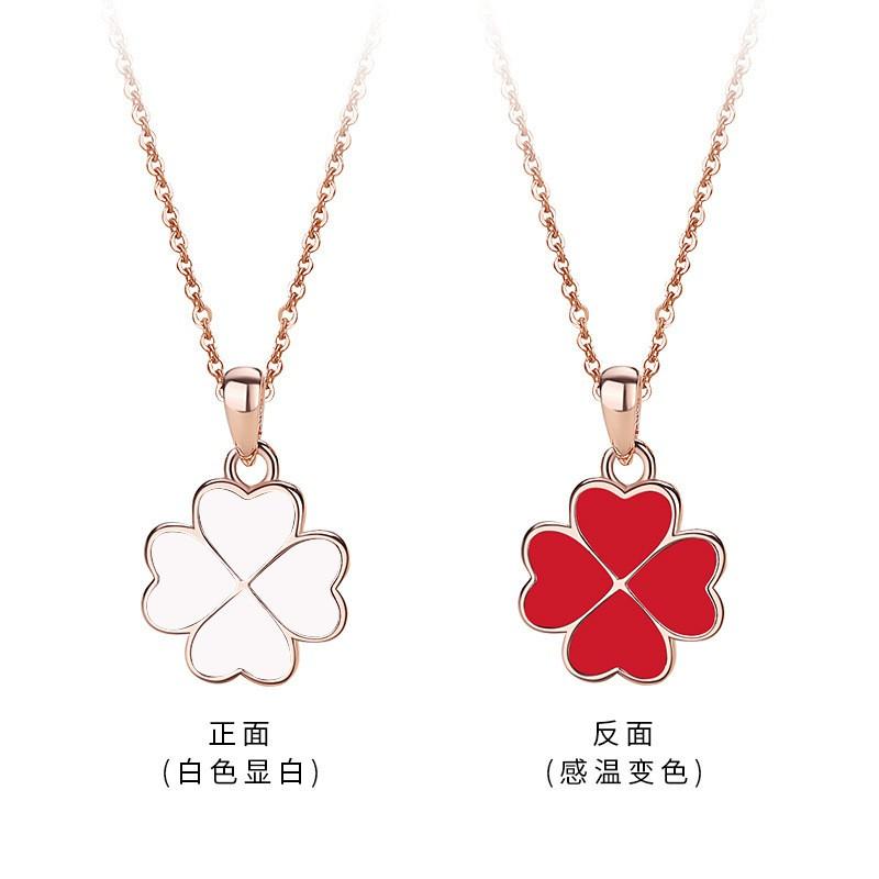 Sterling Clover Pendant Necklace Women Dual-Tone Temperature-Sensitive Leaf Charm On Cross Chain Boho Chic