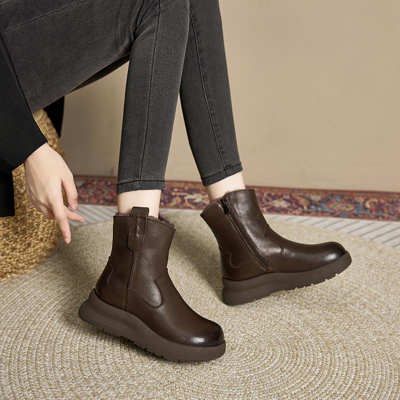 2025 autumn and winter new mother shoes round head side zipper platform short boots Martin boots women's wedge heel cotton boots factory