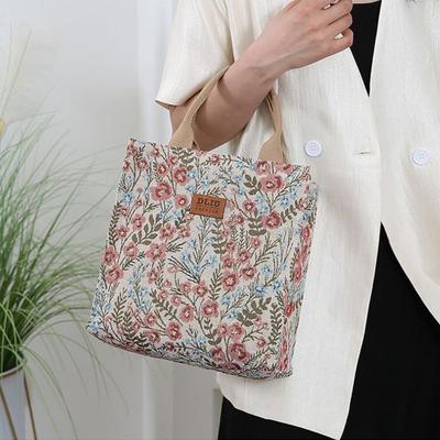 Aesthetic Floral Print Lunch Bag Insulated Large Capacity Lunch Bag Thermal Cooler Handbag For School Work Travel Picnic