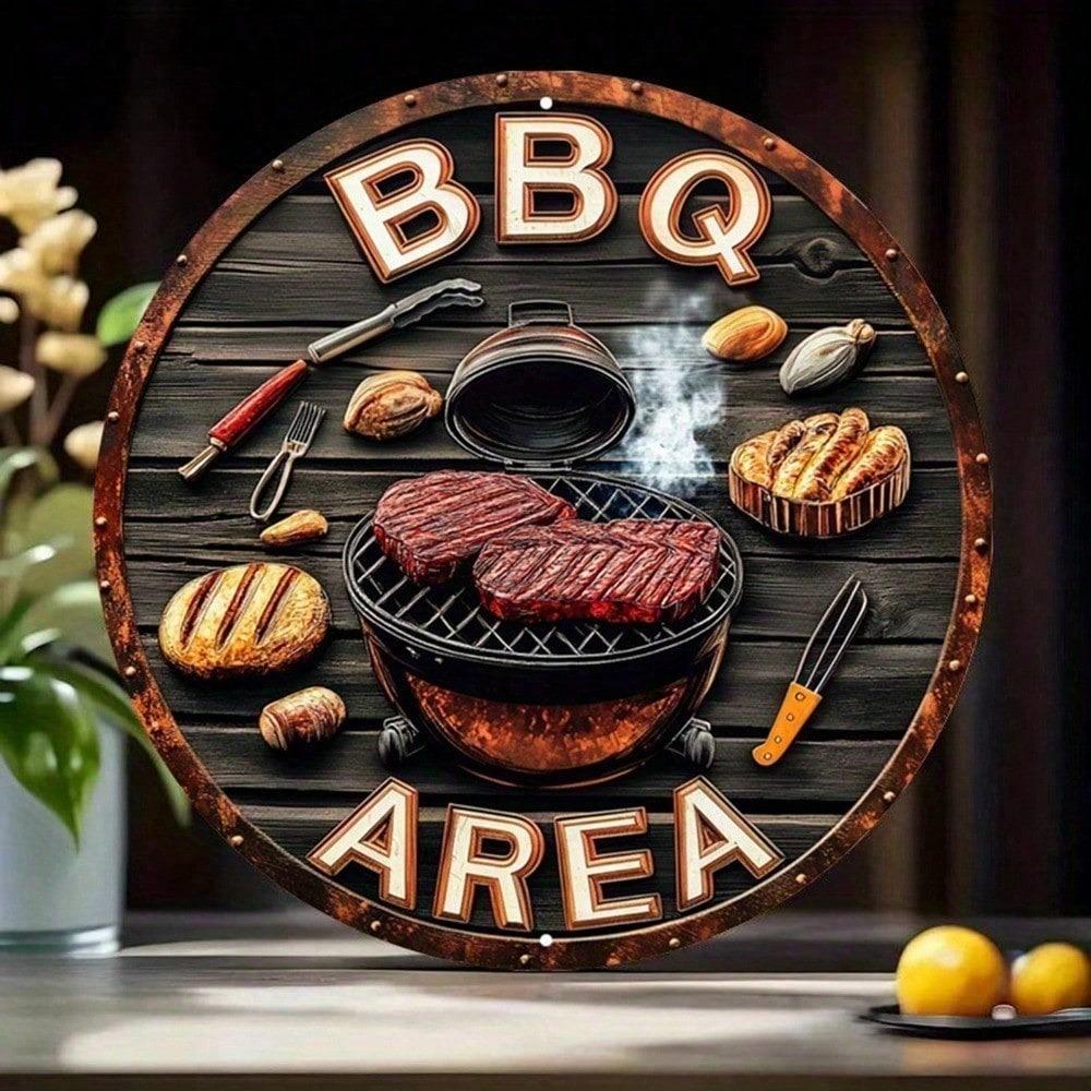 Segno Metallico Vintage per Barbecue, Decorazione da Parete Rotonda, Arte Strumento per Grigliare Bistecche, Patio Esterno, Casa, Cucina, Bar, Caffè, Segno di Latta di Halloween
