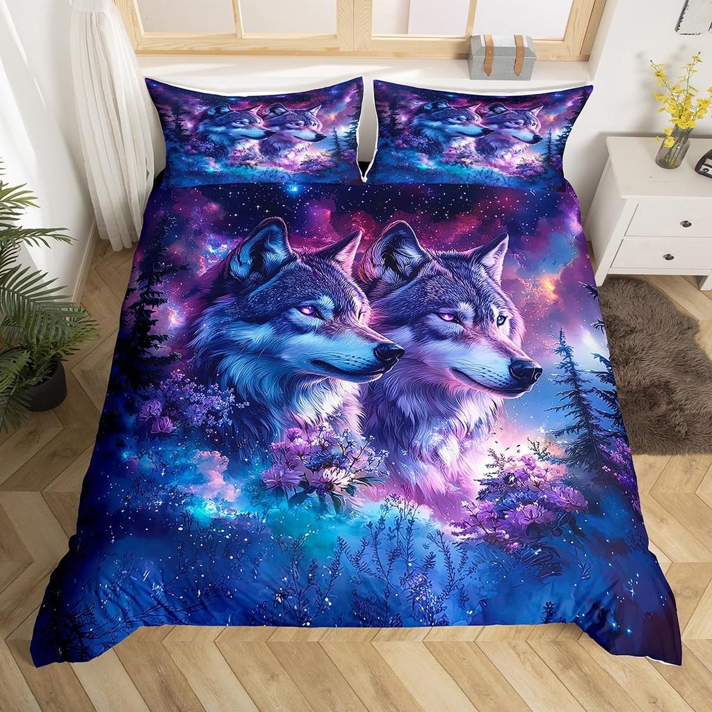 Wolf Duvet Cover Queen Twin for Kids Boys TeenStarry Sky Bedding Set Exotic Tribal Animal Comforter Cover Wild Wolf Quilt Cover