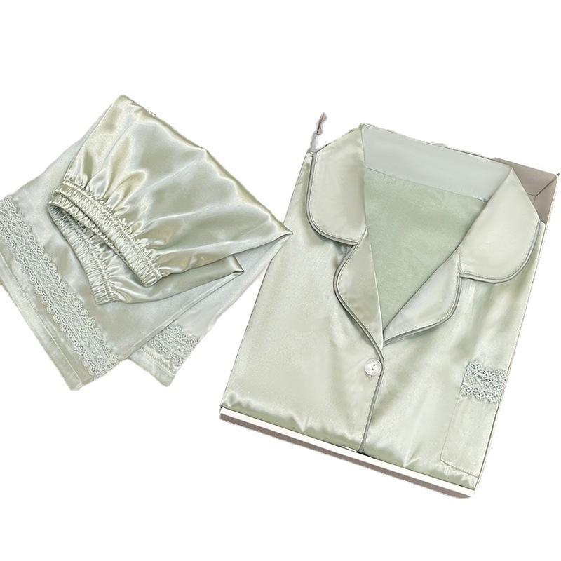 Solid Color Hollow Lace Edge Pajamas Summer Women'S Ice Silk Summer Short-Sleeved Shorts High-End Home Set
